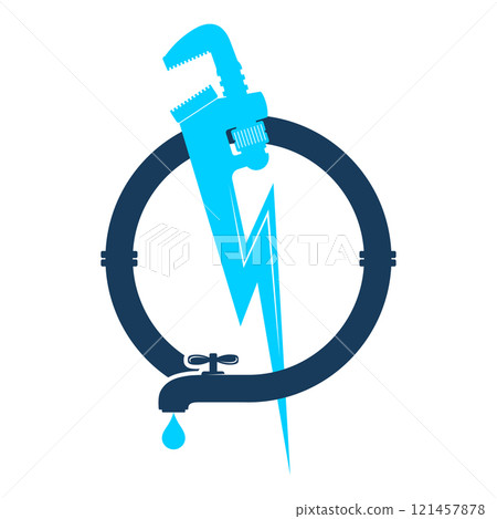 Plumber wrench in circle of water pipe symbol 121457878