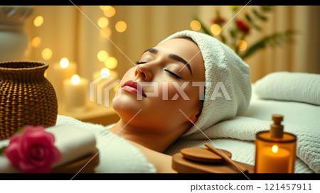 young woman lying on massage table at spa center 121457911