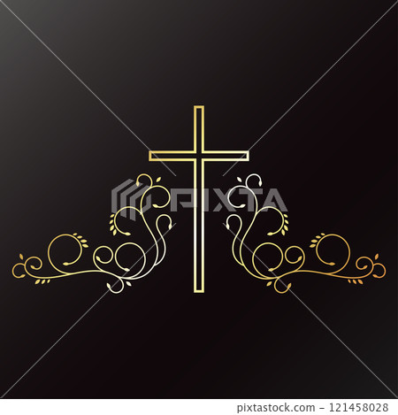 Christian cross with golden beautiful plant pattern Christian cross with golden beautiful plant pattern 121458028