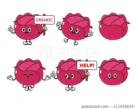 Funny cute Red Cabbage characters bundle set. Vector hand drawn doodle style traditional cartoon vintage, retro character illustration design. Isolated white background. Happy Red Cabbage 121458034