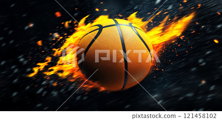 Flying basketball on fire falling from the dark 121458102