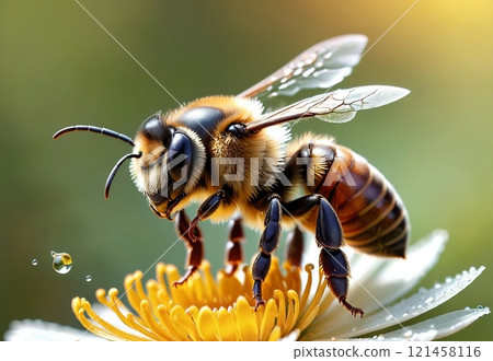 macro photography. bee collecting honey from flowers, on a summer day 121458116