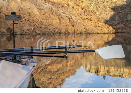 oars of coastal sculling shell in sandstone canyon of Horsetooth Reservoir in Colorado in fall scenery oars of coastal sculling shell in sandstone canyon of Horsetooth Reservoir in Colorado in fall scenery 121458318