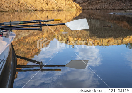 oars of coastal sculling shell in sandstone canyon of Horsetooth Reservoir in Colorado in fall scenery oars of coastal sculling shell in sandstone canyon of Horsetooth Reservoir in Colorado in fall scenery 121458319