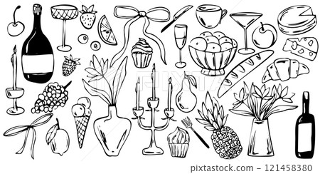 hand drawn vector outline illustration, dinner and celebration themed elements, wine bottles, fruits, pastries, flowers, and candles. Perfect for event decorations, invitations, or posters hand drawn vector outline illustration, dinner and celebration themed elements, wine bottles, fruits, pastries, flowers, and candles. Perfect for event decorations, invitations, or posters 121458380