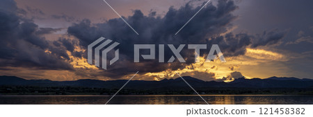 panorama of a dramatic sunset sky and clouds over Rocky Mountains and lake in northern Colorado panorama of a dramatic sunset sky and clouds over Rocky Mountains and lake in northern Colorado 121458382