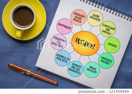 Wisdom, a deep understanding and insight that goes beyond knowledge or intelligence, diagram infographics. Wisdom, a deep understanding and insight that goes beyond knowledge or intelligence, diagram infographics. 121458404