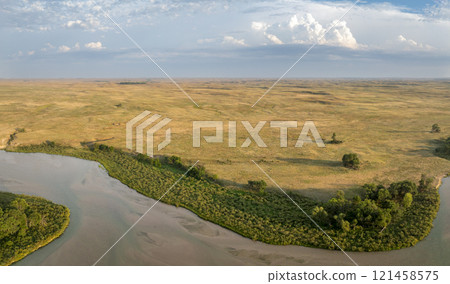 aerial panorama of the Dismal River and Nebraska Sandhills at Nebraska National Forest, late summer morning scenery aerial panorama of the Dismal River and Nebraska Sandhills at Nebraska National Forest, late summer morning scenery 121458575