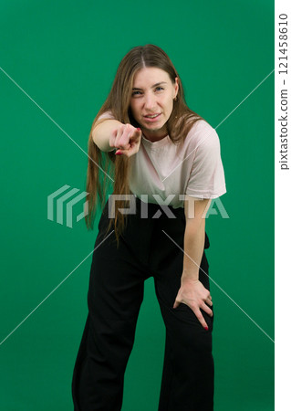 Close up photo of pretty cheerful lady stylish orange clothes arm direct empty space beauty procedure isolated on purple color background 121458610