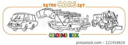 Funny retro cars with eyes coloring book set 121458620
