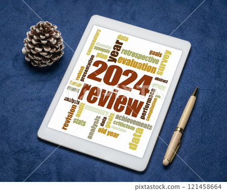 2024 year review word cloud on a digital tablet, end of year business analysis concept 2024 year review word cloud on a digital tablet, end of year business analysis concept 121458664