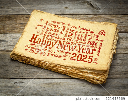 Happy New Year 2025 greetings card  - word cloud on a retro handmade paper against rustic wood 121458669