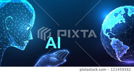 Artificial intelligence concept with digital AI head and glowing Earth on dark blue background.  121459382