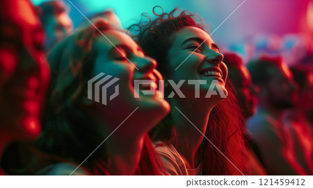 Joyful audience enjoying a live music performance under colorful lights at a vibrant concert in the summer evening Joyful audience enjoying a live music performance under colorful lights at a vibrant concert in the summer evening 121459412