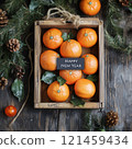 dark background with tangerines in a wooden box. New Year. photo. postcard 121459434