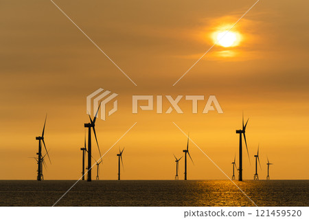 Sunset view of the Offshore wind power systems off the western coast of Taiwan. Sunset view of the Offshore wind power systems off the western coast of Taiwan. 121459520