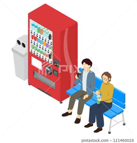 Isometric illustration: vending machine and person drinking a drink on a bench Isometric illustration: vending machine and person drinking a drink on a bench 121460028