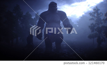 Big ugly scary troll, goblin walk in night fog forest. Horror mistyc concept. 3d rendering. 121460170