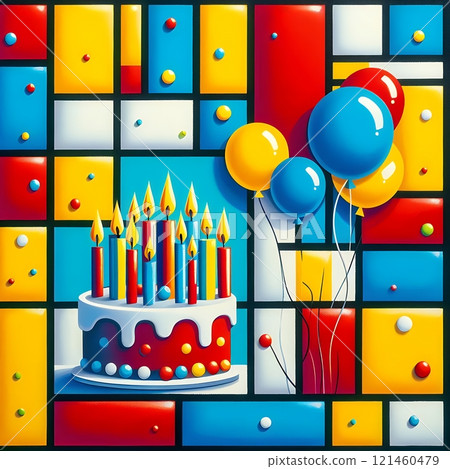 Colorful Birthday Celebration in Geometric Party Art with Generative AI. 121460479