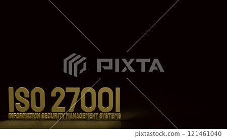 The Gold iso 27001 and gear on Black background 3d rendering. 121461040