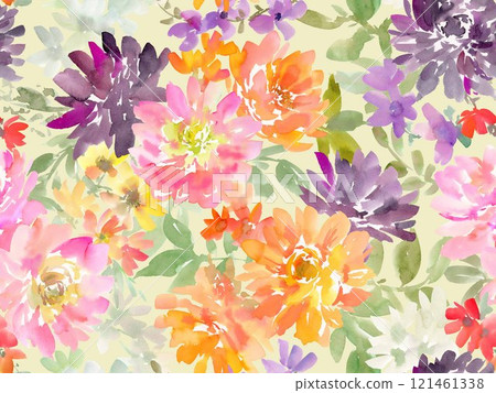 抽像大麗花和水彩畫花朵的無縫圖案 121461338