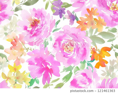 Seamless pattern with abstract pink peonies and flowers painted in watercolor 121461363