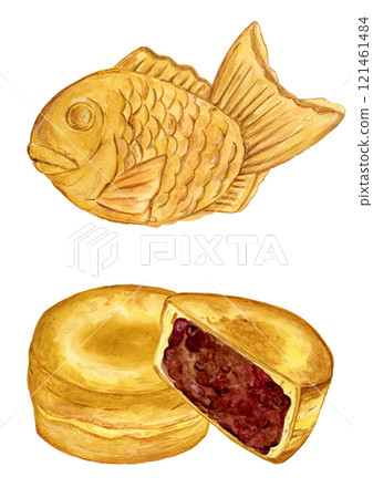 Hand-drawn watercolor illustration of a set of delicious-looking taiyaki and imagawayaki Hand-drawn watercolor illustration of a set of delicious-looking taiyaki and imagawayaki 121461484