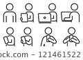 智慧型手機、PC、平板電腦和查看文件的人員的線條圖示集 121461522