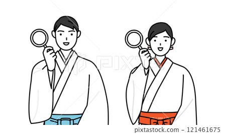 A shrine priest and shrine maiden holding a magnifying glass and putting their hands on their hips 121461675