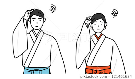 A shrine priest and shrine maiden scratching their heads in frustration 121461684