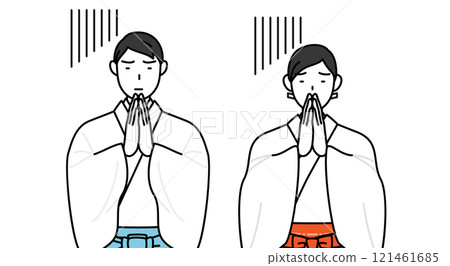 神官和巫女雙手合十在身前道歉 121461685