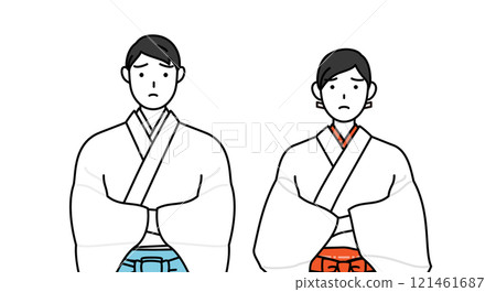A shrine priest and shrine maiden thinking with their arms folded A shrine priest and shrine maiden thinking with their arms folded 121461687