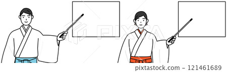 神社祭司和巫女用指點棒指著白板 神社祭司和巫女用指點棒指著白板 121461689