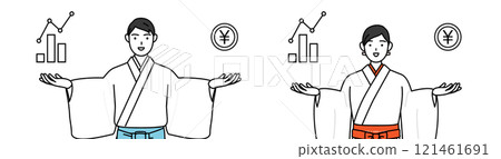 A shrine priest and shrine maiden giving a guide to the image of DX and improving business performance and sales 121461691