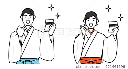 A Shinto priest and shrine maiden look happy as they look at their bankbook 121461696
