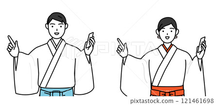 A shrine priest and shrine maiden pointing while talking on the phone A shrine priest and shrine maiden pointing while talking on the phone 121461698