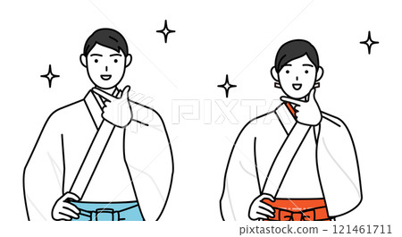 神官和巫女擺出自信的姿勢 神官和巫女擺出自信的姿勢 121461711