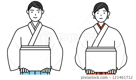 A shrine priest and shrine maiden working to carry cardboard boxes 121461712