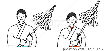 A priest and a shrine maiden offering a prayer 121461717