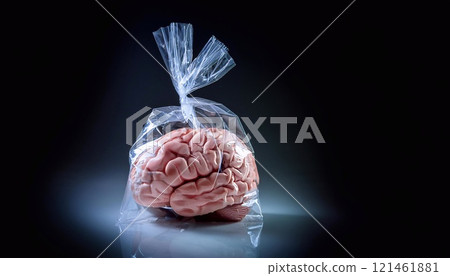 Translucent bag with a brain inside laying on dark background Translucent bag with a brain inside laying on dark background 121461881
