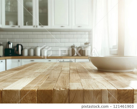 empty wooden table front kitchen 121461903