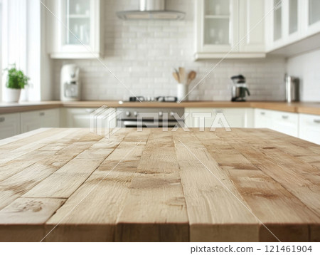 empty wooden table front kitchen 121461904