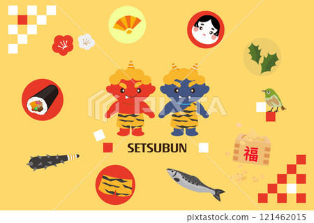 帶有彩色背景的可愛節分插畫素材集 121462015