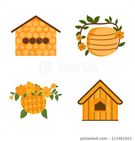 Elements Set of Yellow Honeycomb Honey Bee Home House with Flower Floral Plant 121462021