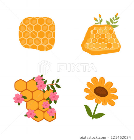 Elements Set of Yellow Honeycomb Honeybee Bee with Flower Plant Elements Set of Yellow Honeycomb Honeybee Bee with Flower Plant 121462024