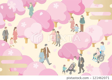 Isometric people, family, children, spring, cherry blossom viewing, cherry blossom, background, illustration material 121462071