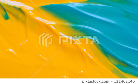 Dynamic Flow - A radiant fusion of yellow and turquoise hues blending fluidly, evoking the motion of waves or liquid in vibrant, glossy textures. 121462140