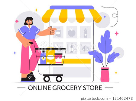 Online Grocery Store Vector Illustration Featuring Food Product Shelves, Racks with Dairy, Fruits, and Drinks for Shopping Orders via Telephone 121462478