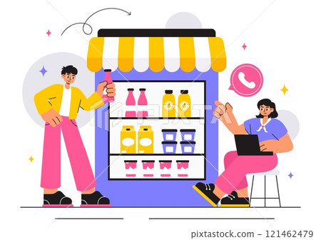 Online Grocery Store Vector Illustration Featuring Food Product Shelves, Racks with Dairy, Fruits, and Drinks for Shopping Orders via Telephone 121462479