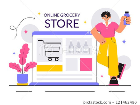 Online Grocery Store Vector Illustration Featuring Food Product Shelves, Racks with Dairy, Fruits, and Drinks for Shopping Orders via Telephone Online Grocery Store Vector Illustration Featuring Food Product Shelves, Racks with Dairy, Fruits, and Drinks for Shopping Orders via Telephone 121462480